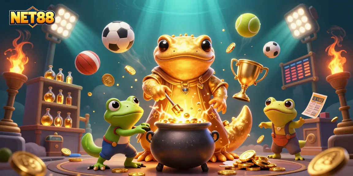 Bet on NET88 with vibrant 3D imagery showcasing golden riches and dynamic sports elements in a magical setting.