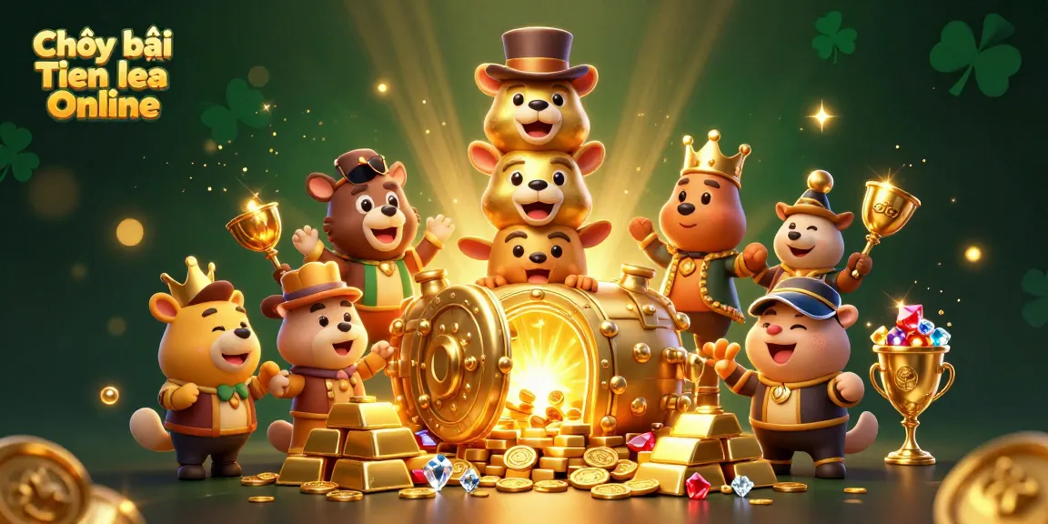 Experience the thrill of Chơi bài Tiến lên Online with dynamic golden visuals and animated totem pole characters.