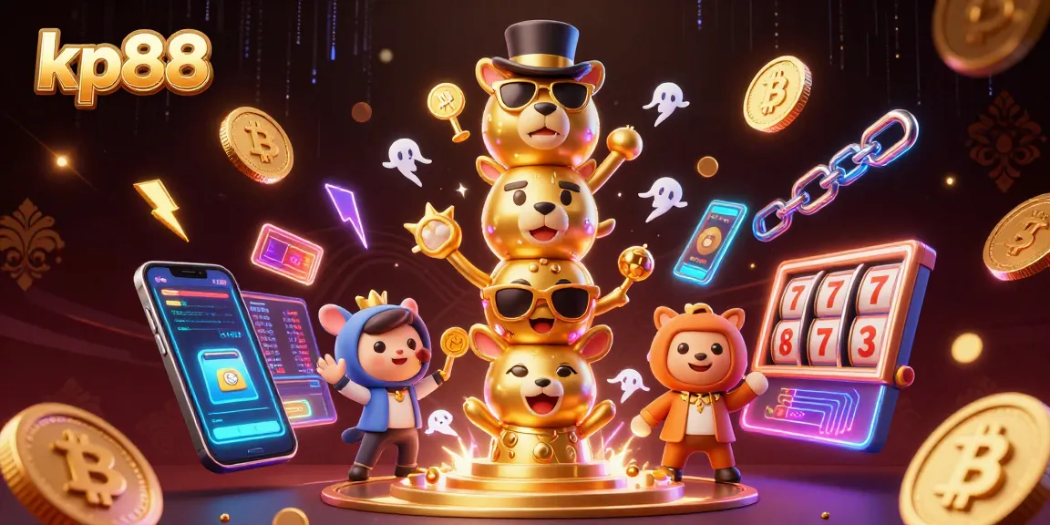 Engage with exciting KP88 slot games and crypto elements in a vibrant 3D casino illustration