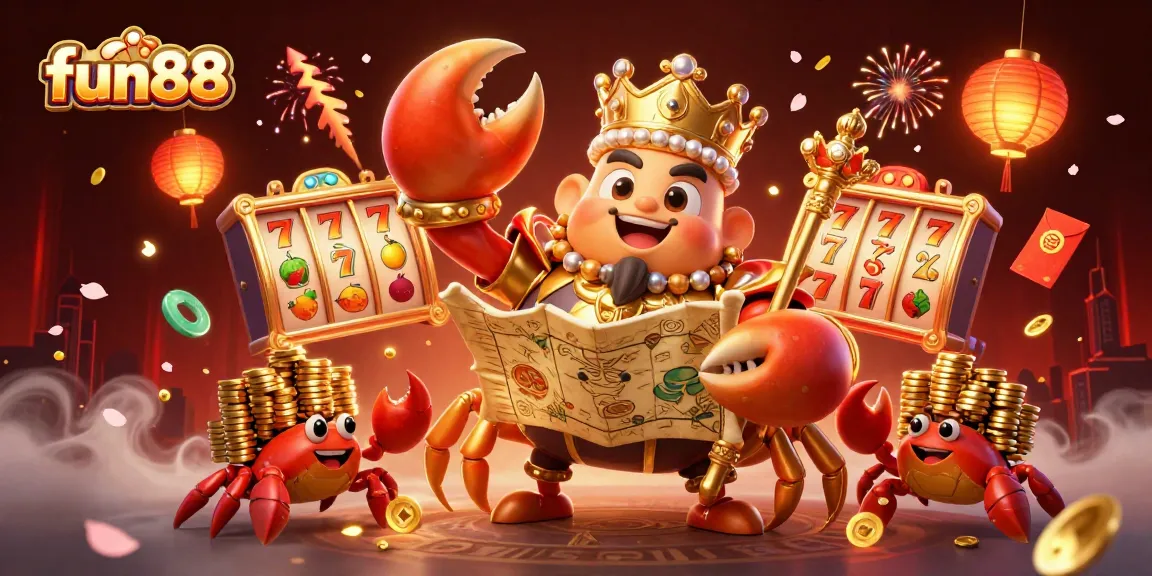 Experience the vibrant fun88 casino world with a golden crab emperor amidst dynamic slot machine visuals.