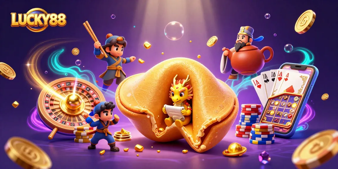 Spin and win with LUCKY88 as players engage in a colorful fortune-filled 3D casino scene.