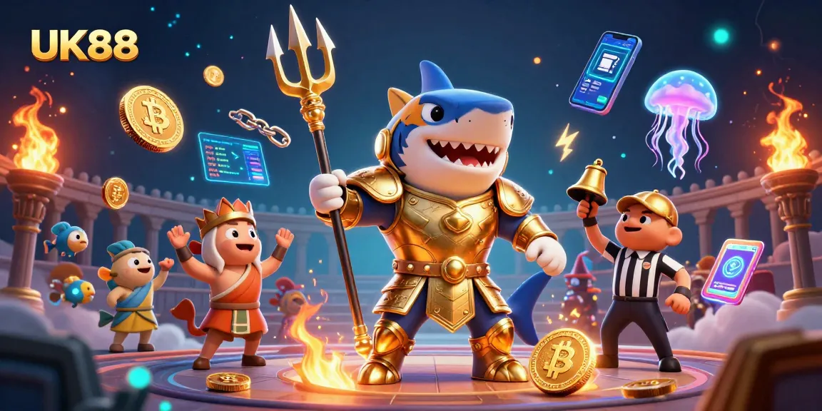 Betting on UK88 and winning in a vibrant underwater colosseum with a shark and coins