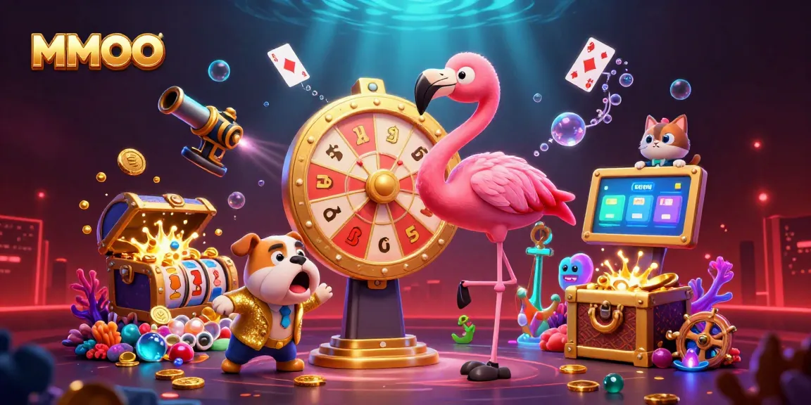 Engage with MMOO in this vibrant casino scene featuring a flamingo host, bulldog contestant, and dazzling prizes.