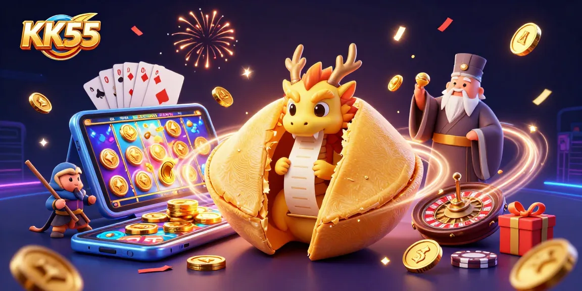 Engage in thrilling gameplay at KK55 with a vibrant 3D casino scene featuring a golden fortune cookie and gaming elements.