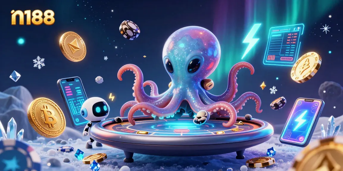 Experience n188's vibrant 3D alien octopus poker scene with cryptocurrency visuals.