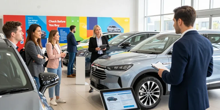 Car history check UK services highlighted in a busy dealership.