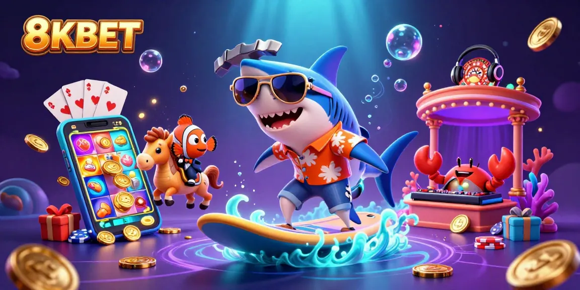 Surf gold with the 8KBET shark and treasures in this vibrant gaming scene.