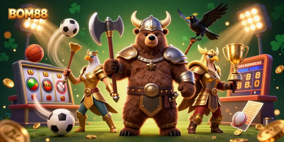 BOM88 brings excitement with a Viking bear and Valkyrie eagle amidst a dynamic casino scene.