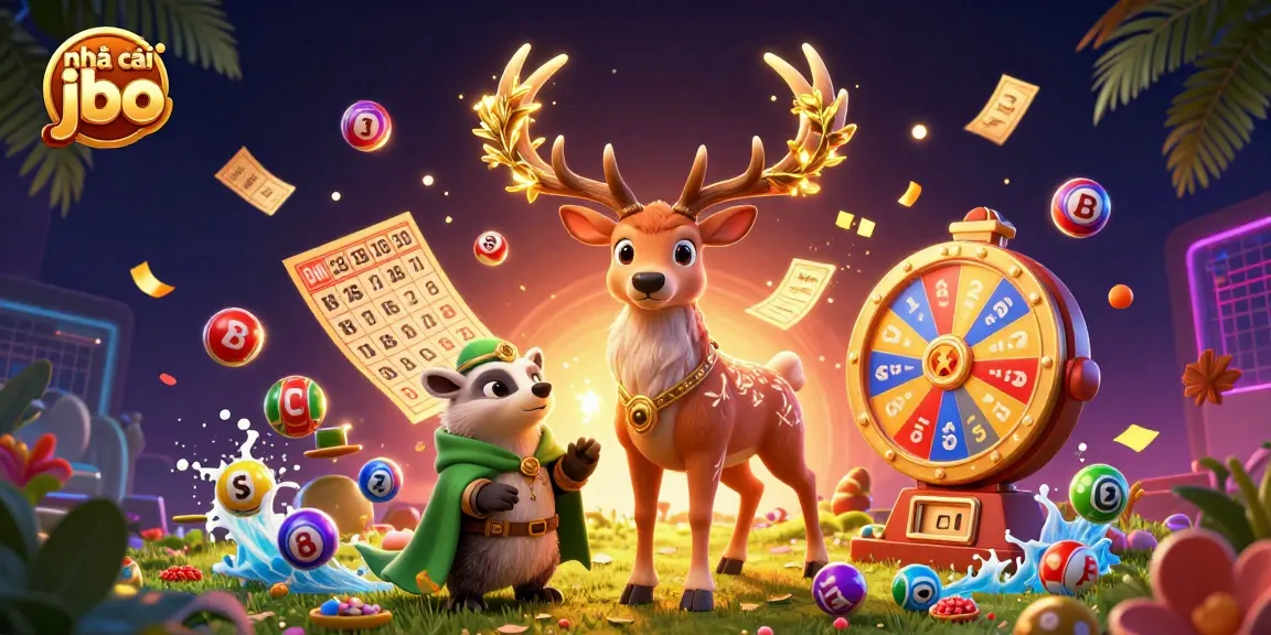 nhà cái jbo brings excitement with colorful lottery elements, a magical stag, and a wise badger.
