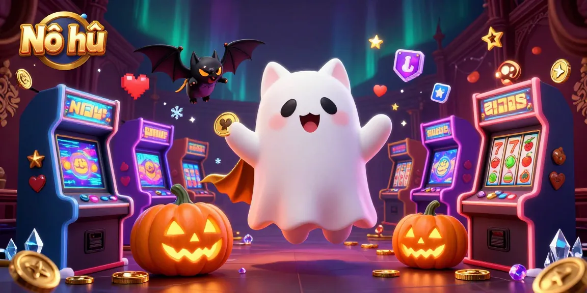 Nổ hũ game illustration showcasing a ghost cat navigating through a vibrant casino, enhanced for immersive experience.