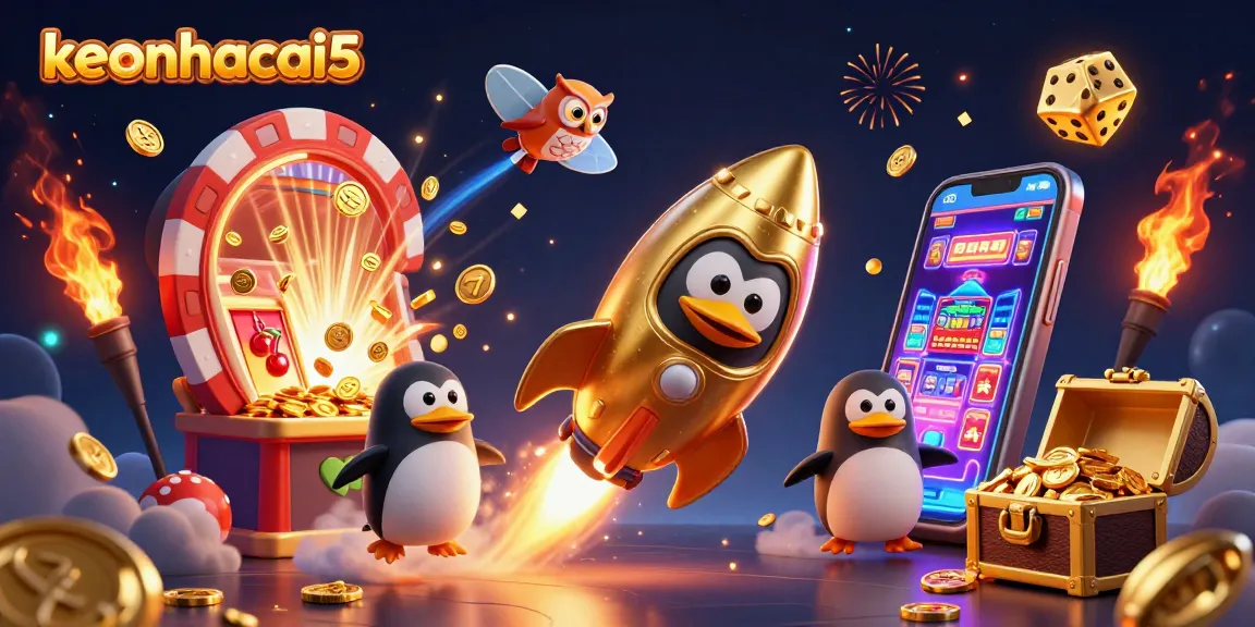 Experience keonhacai5 with an explosive golden penguin racing to a vibrant casino!