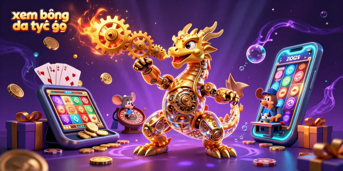 Xem bóng đá trực tiếp in vibrant detail with a golden dragon, game elements, and dynamic background.