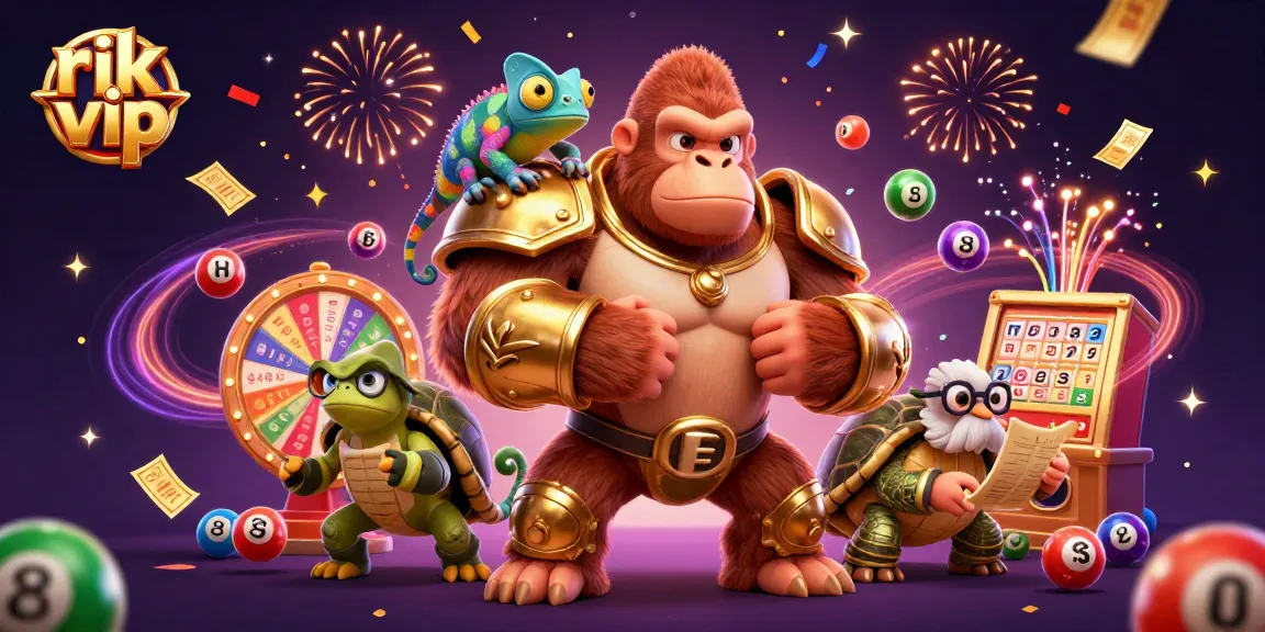 Engage in exciting gameplay at rik vip while colorful lottery balls and confetti create a vibrant casino atmosphere.