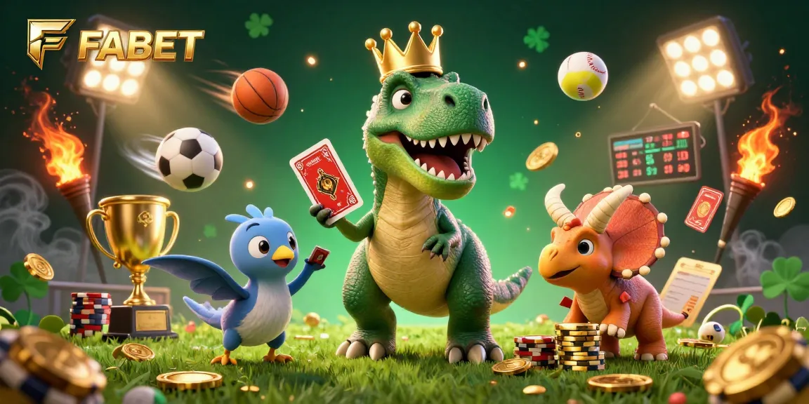 FABET sports betting scene with cartoon dinosaurs and dynamic game elements