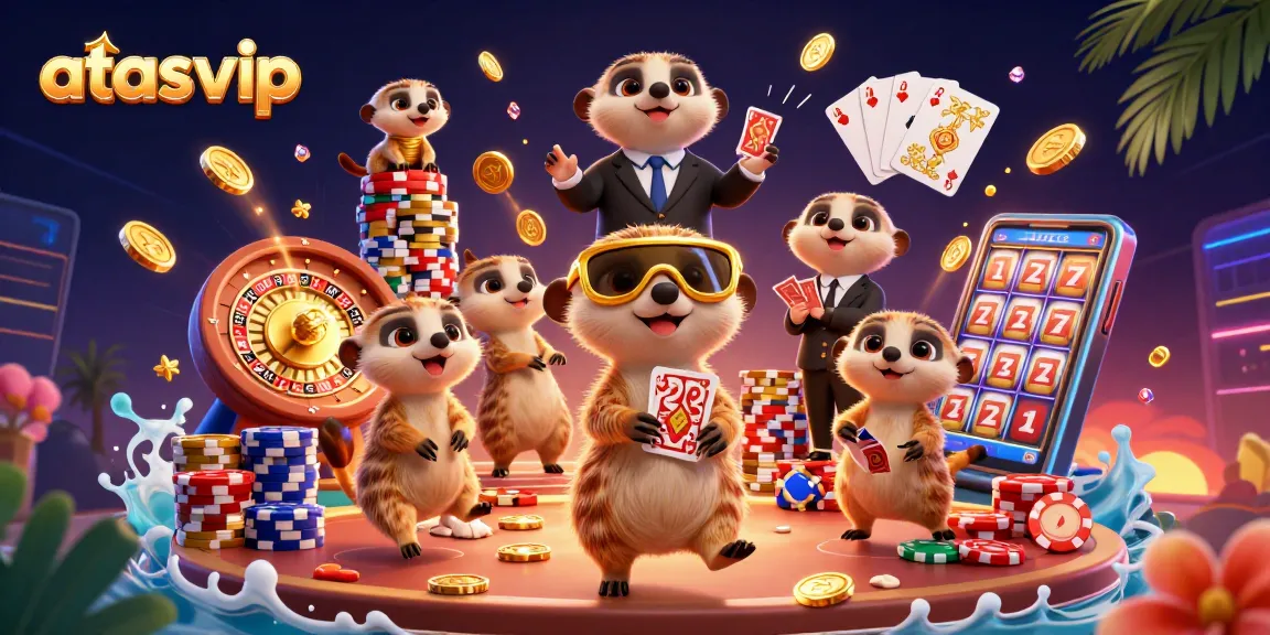Engage with the lively gaming experience at atasvip casino, featuring dynamic meerkats orchestrating a colorful casino scene.