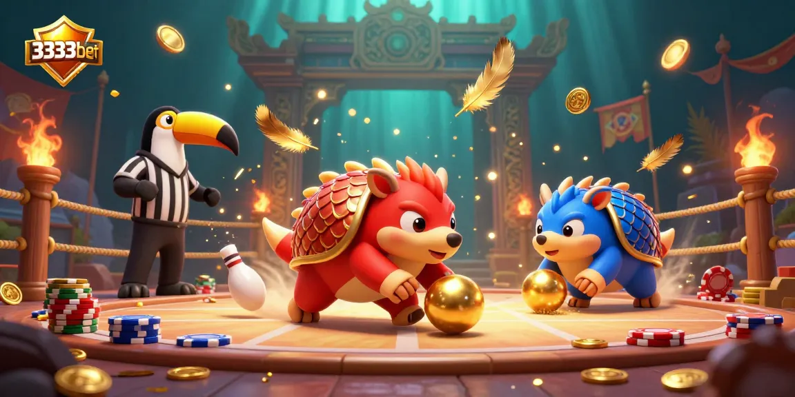 Experience the excitement of 3333bet with cartoon pangolins in competitive action amidst gold coins and poker chips.