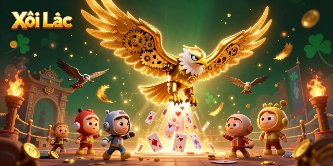 Xôi Lạc showcases a cybernetic eagle soaring through holographic cards in a vibrant gambling scene.