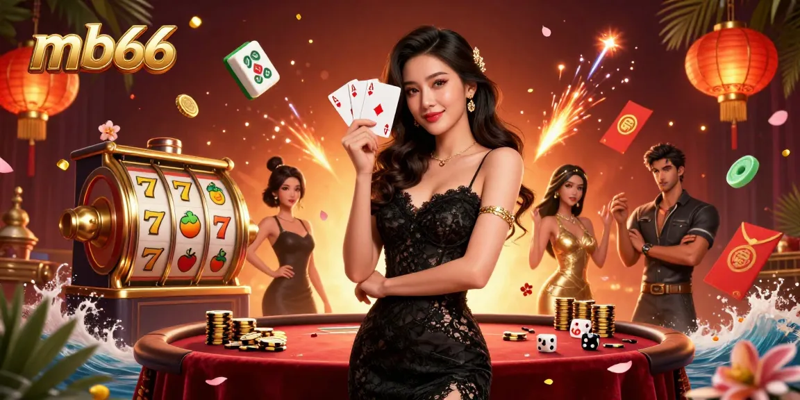 Win big at mb66 with a stunning illustration of a casino scene featuring an elegant woman and slot games.