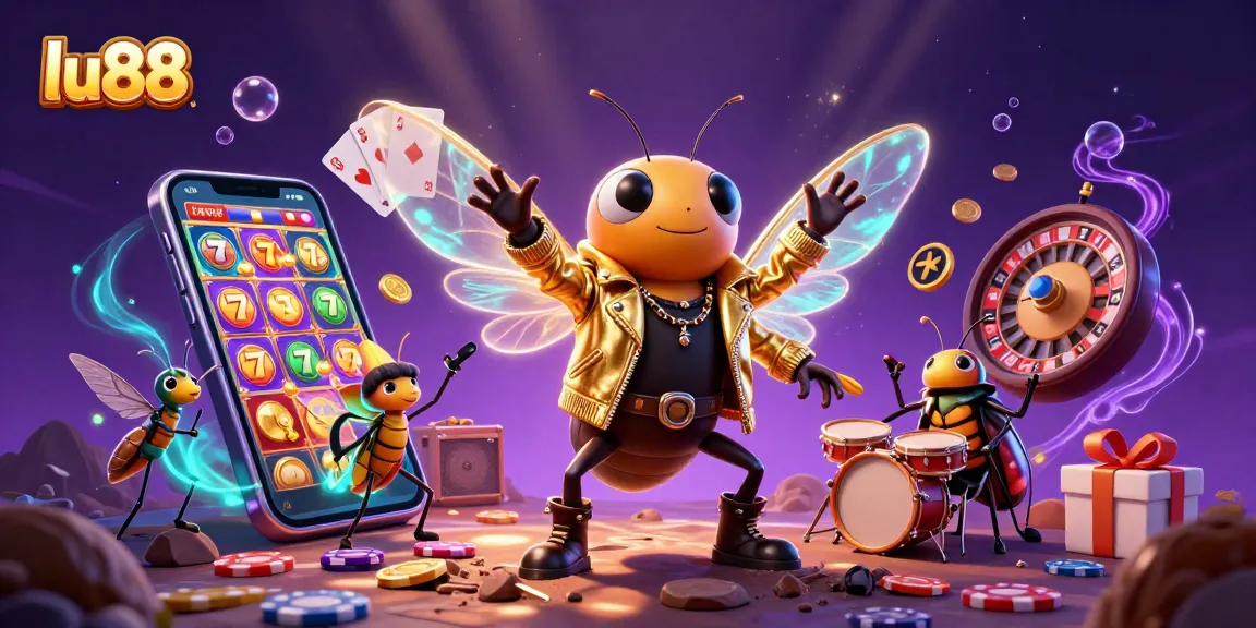 Experience thrilling games with lu88 in this vibrant casino scene featuring rock stars and colorful slot elements.
