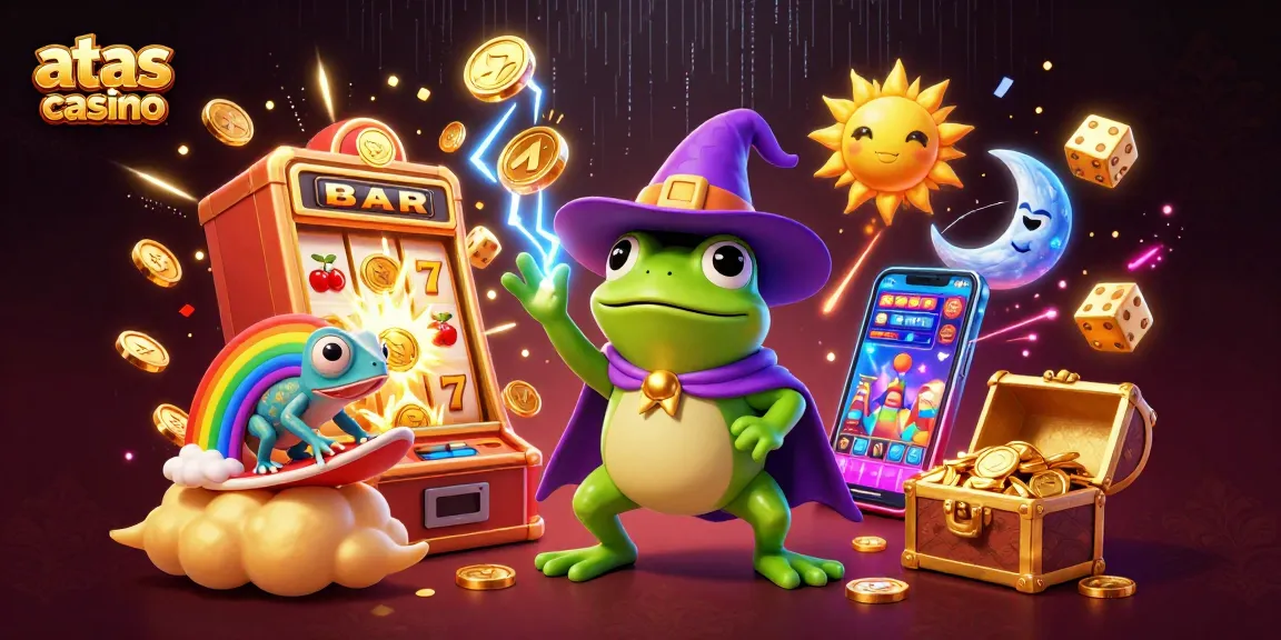 Engage with the atas casino scene featuring whimsical characters creating excitement with winning games and golden coins.