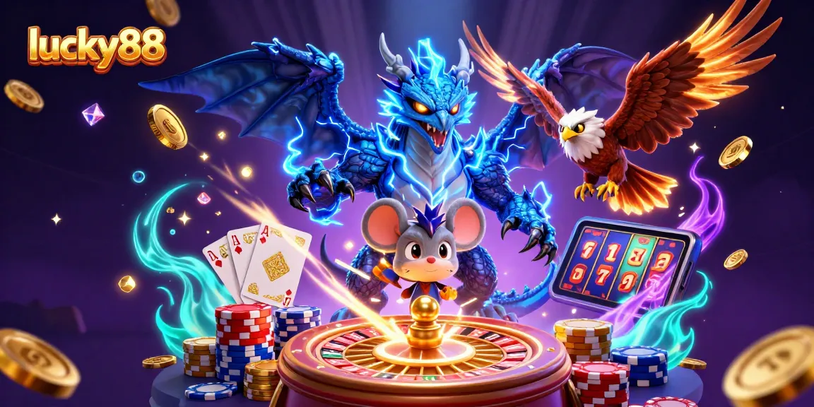 Engage with the fantasy world of lucky88, where a dynamic scene features thrilling dragon, hawk, and vibrant casino elements.