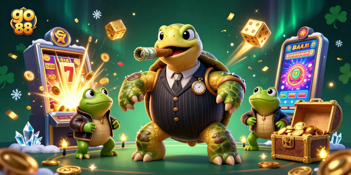 Experience the excitement of go 88 with a vibrant casino scene featuring a snapping turtle and bullfrogs.