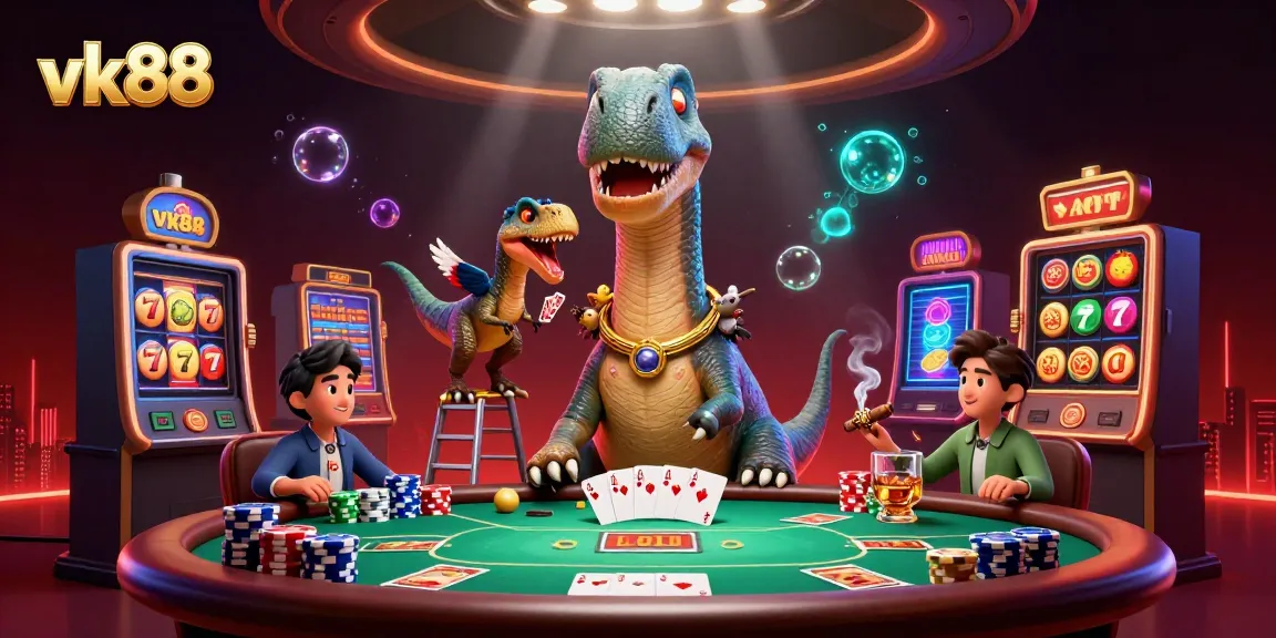 Experience the thrill of vk88 as a massive brontosaurus oversees a vibrant casino scene filled with poker games and slot elements.