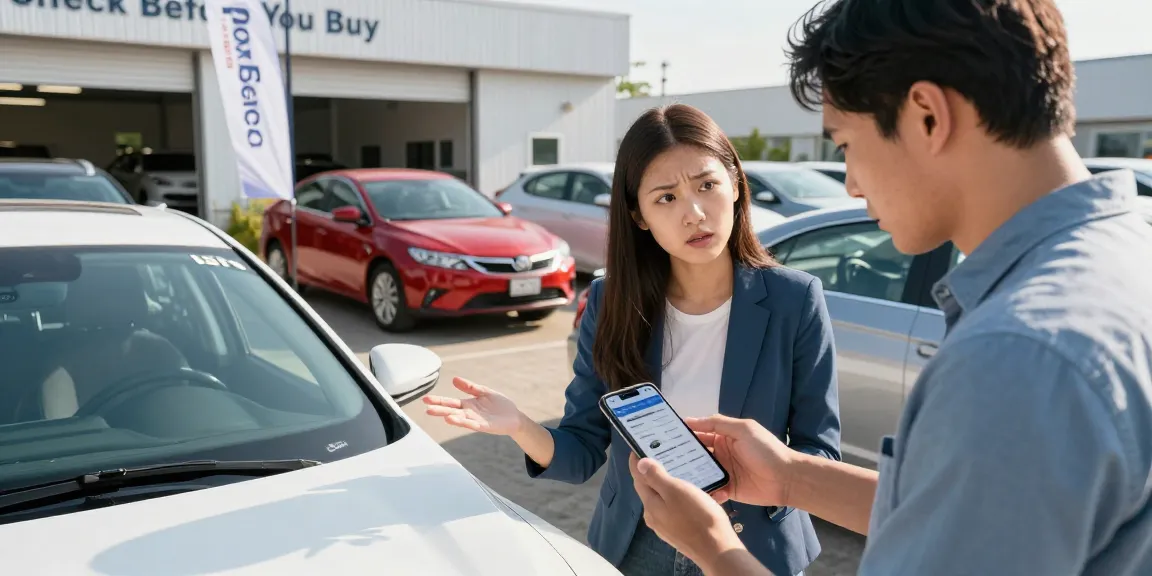 Car buyer using carfax to check vehicle history in dealership lot.