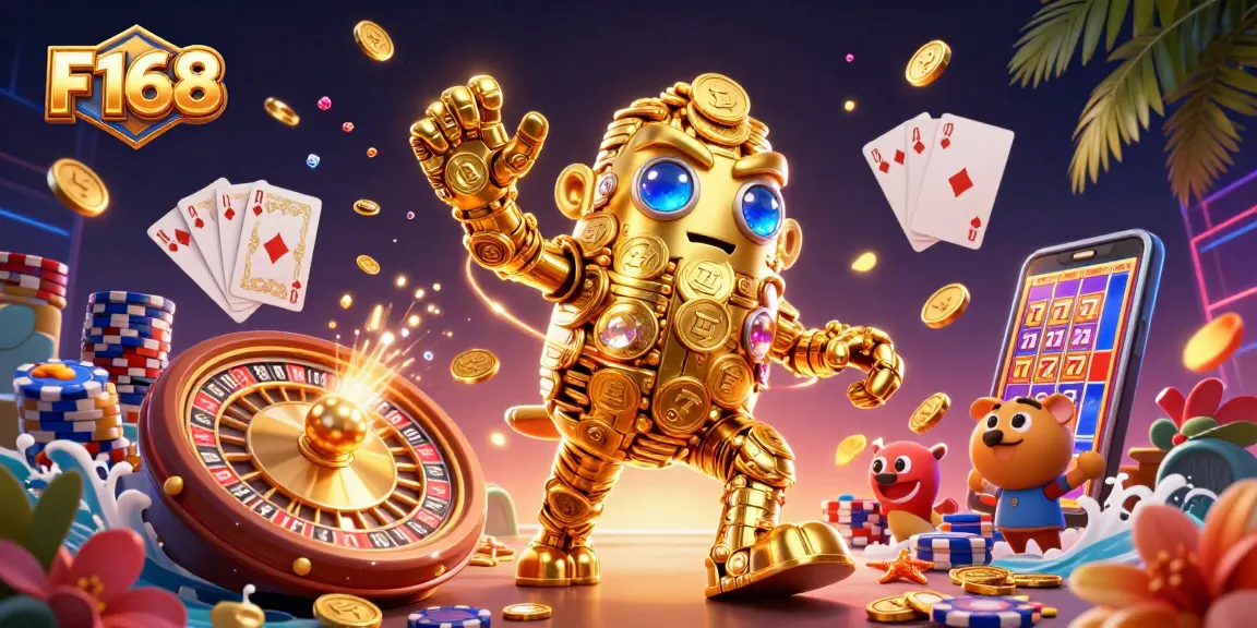 Engage with F168's dynamic golem surrounded by cascading gold, slot machines, and vibrant poker chips.
