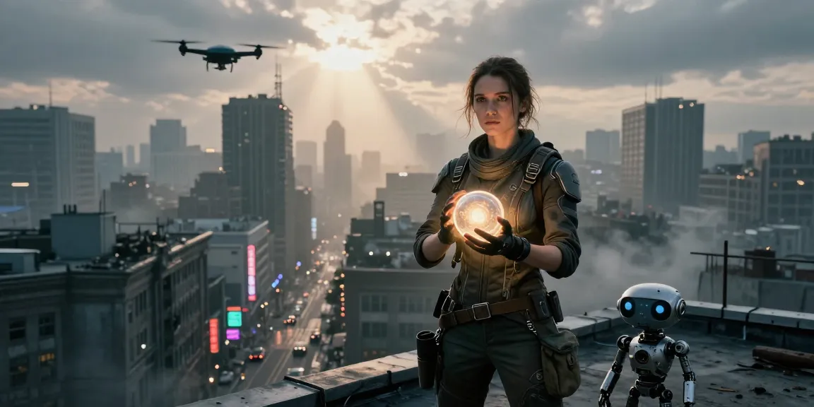 Emma, the protagonist in a dystopian sci-fi novel, stands resolute on a city's rooftop at dawn, showcasing rebellion and hope.