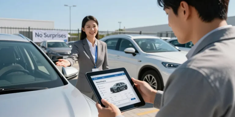 Car history check UK report being reviewed by a buyer in a dealership setting.