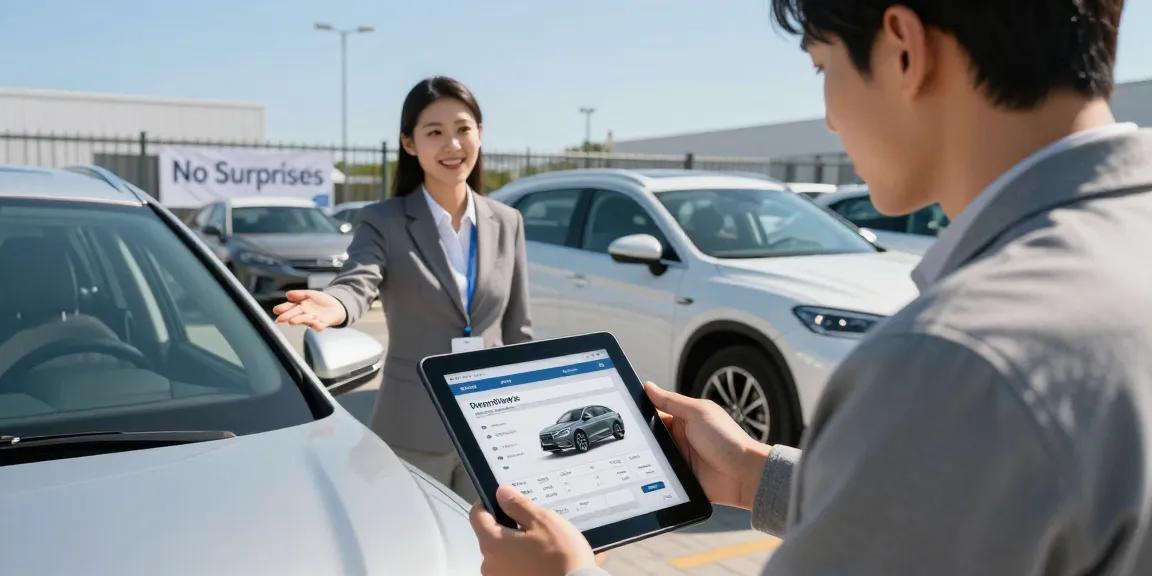 Car history check UK report being reviewed by a buyer in a dealership setting.