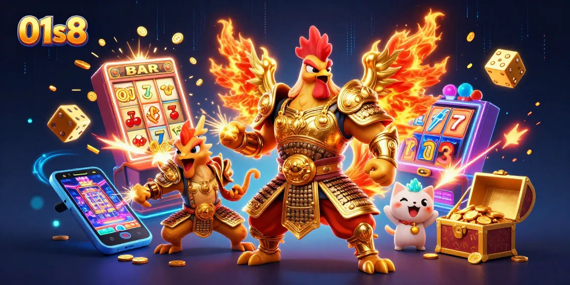 Experience excitement with 01s8's dynamic slot machine action surrounded by captivating casino characters.
