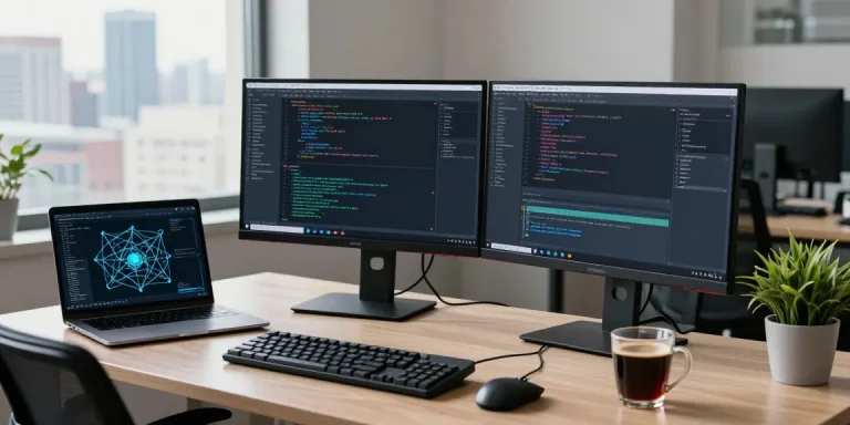 Developer managing vds setups with dual monitors in a modern tech workspace, showcasing an innovative coding environment.