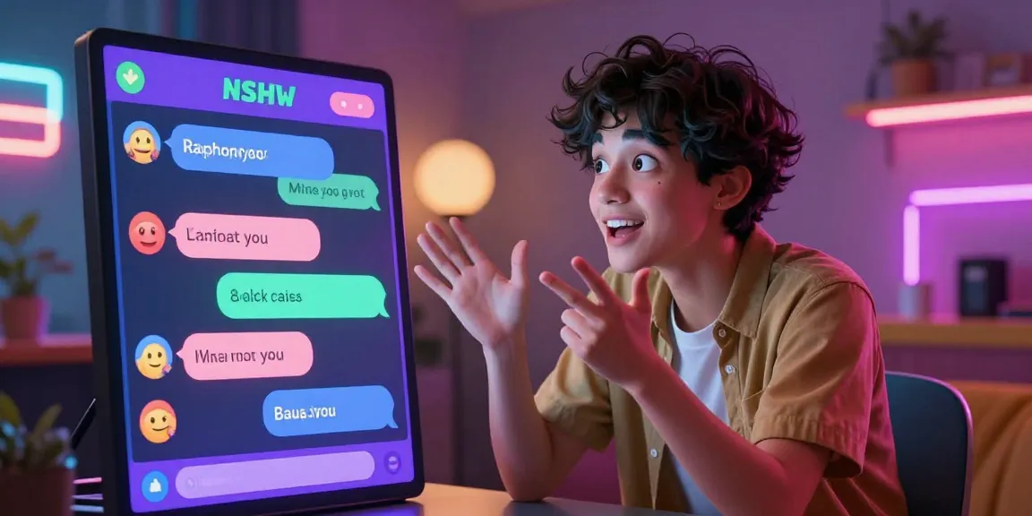 Engaging nsfw ai chat character in a colorful digital room with flirty messages.