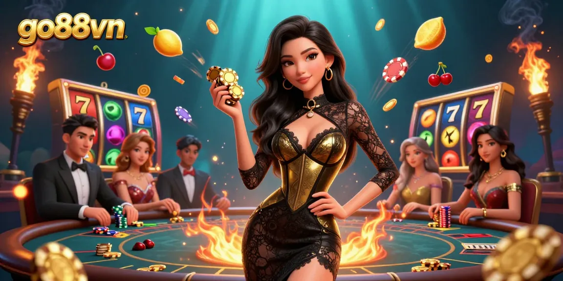 Spin the reels at go88vn with a glamorous woman at a VIP table in an exciting casino atmosphere.