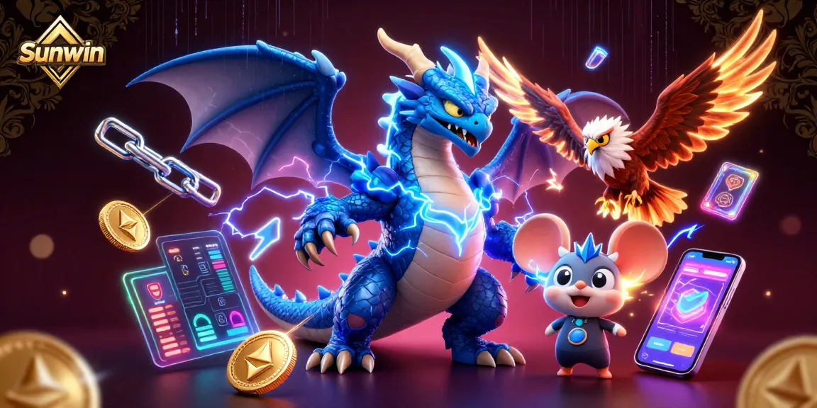 Experience thrilling gameplay and jackpots at Sunwin with a dynamic 3D illustration of casino elements.