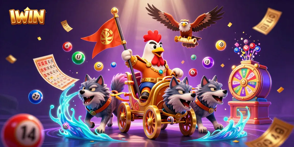 IWIN show in a fantasy illustration featuring a rooster warlord, golden chariot, and vibrant lottery elements.
