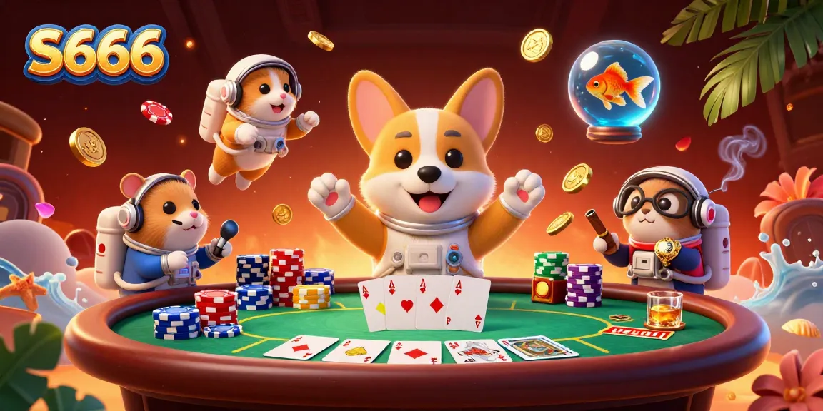 S666 interactive gaming scene with a floating corgi, hamster, and goldfish in a space casino