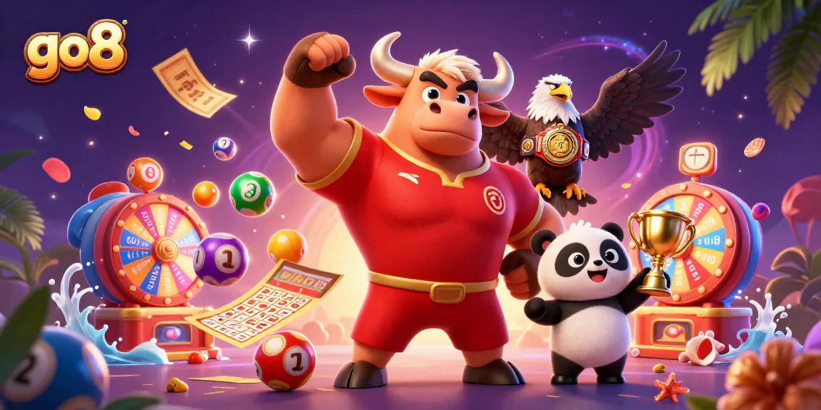 Experience the thrill of go8 with vibrant lottery balls and cheerful characters in a dynamic casino scene.