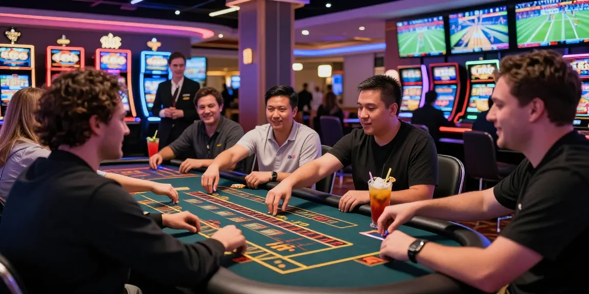Exciting KO66 casino gaming scene with players at tables and slot machines.