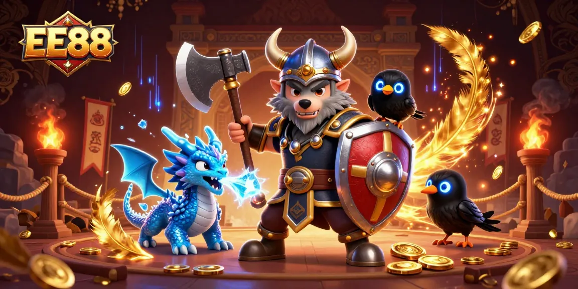 Experience the thrill of EE88 with a Viking warrior, dragon, and raven in an epic casino-themed showdown.