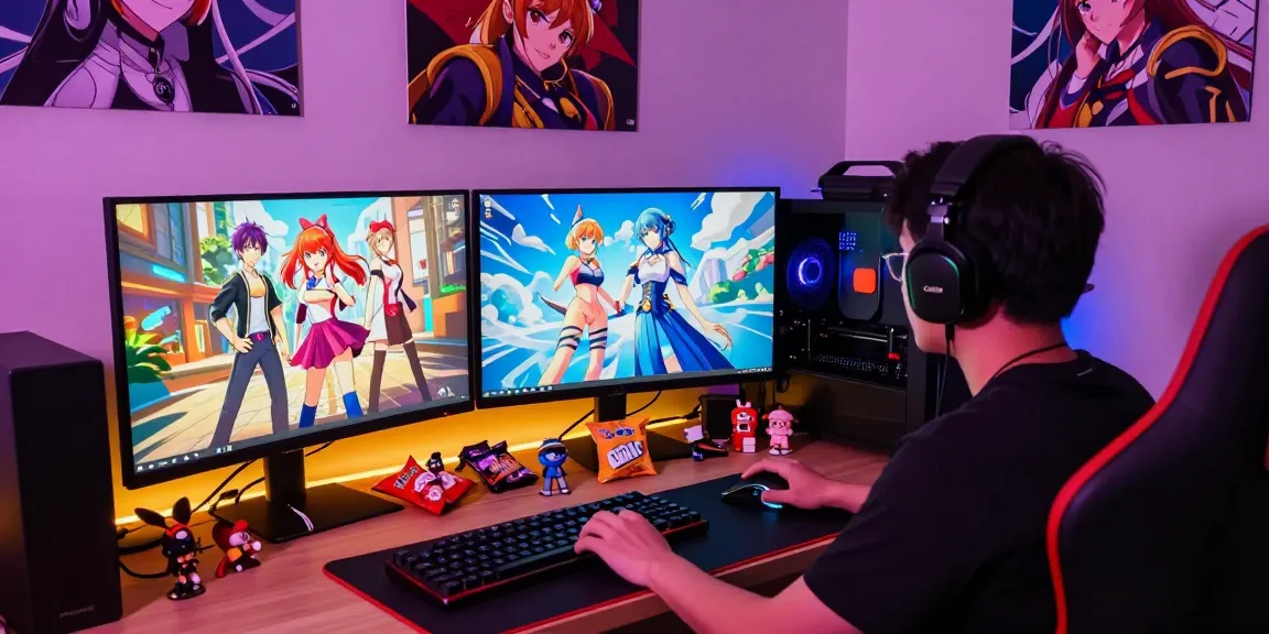 Player enjoying the latest hentai game in a colorful gaming setup with vibrant anime art and dynamic action.