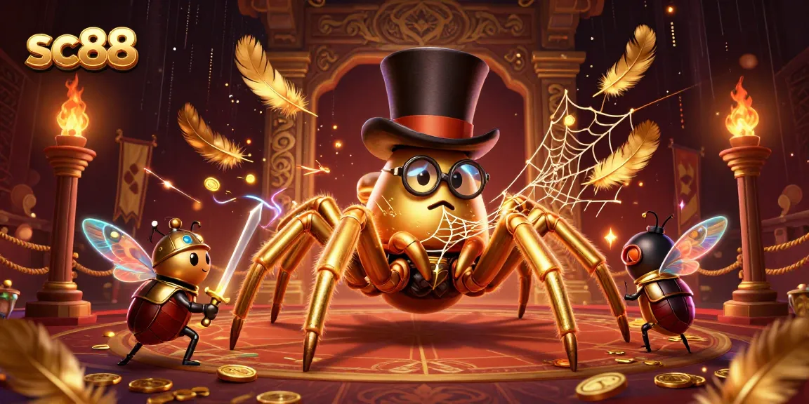 Engage in exciting adventures with SC88, where a golden tarantula weaves a web amidst thrilling casino elements.