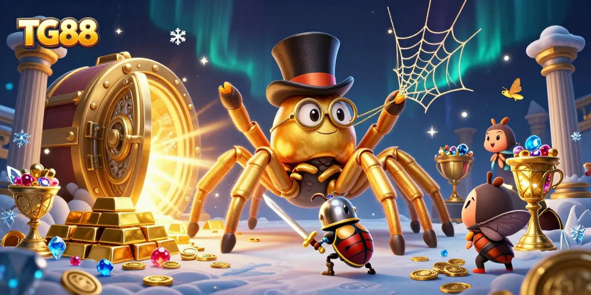Engage in thrilling adventures at TG88 with a lively casino scene featuring vibrant characters and sparkling treasures.