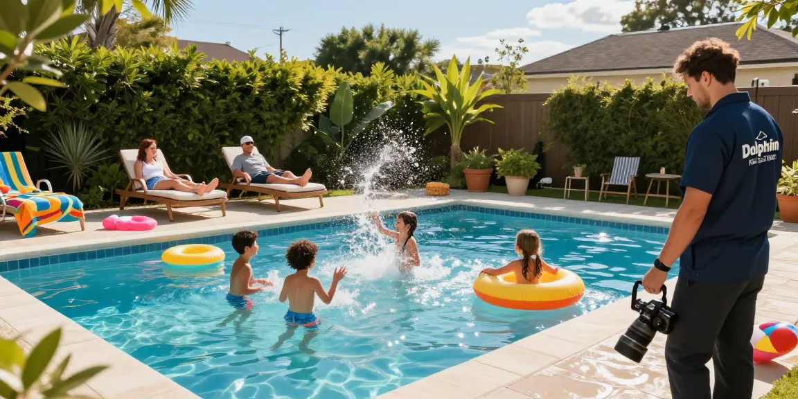 Dolphin Pool Services technician performing maintenance in a vibrant backyard pool setting with a family enjoying their time.
