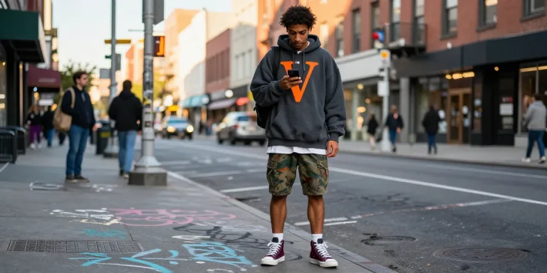 Vibrant street fashion scene featuring Vlone apparel in urban setting, showcasing modern youth culture.