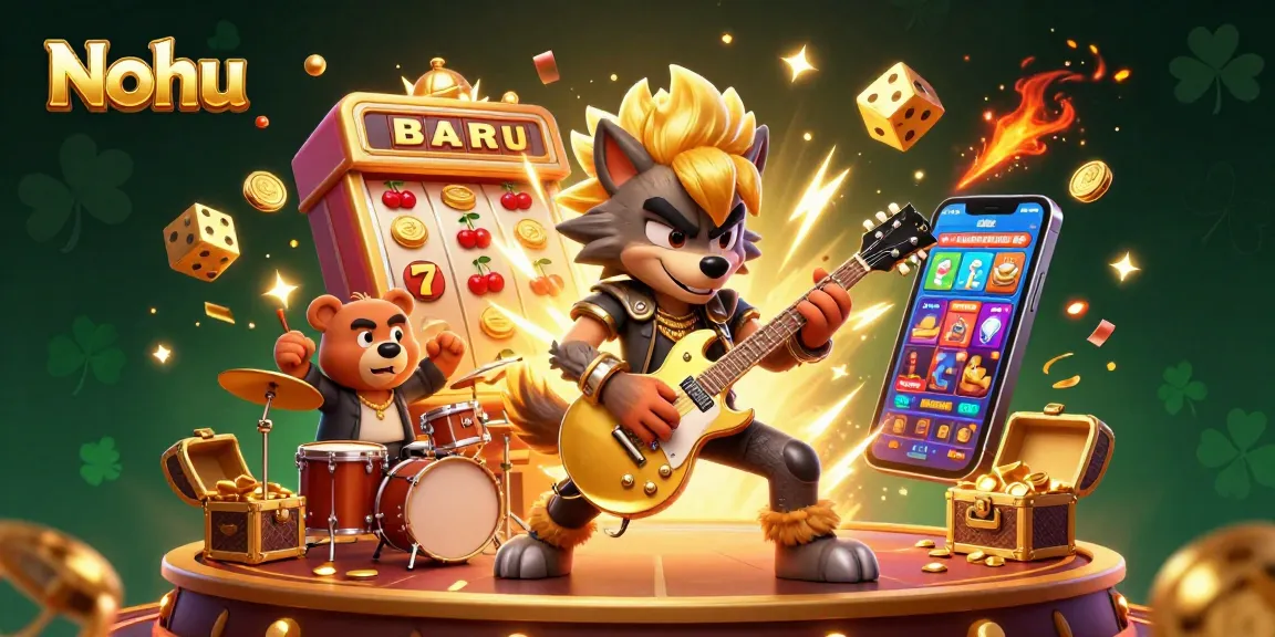 Nohu showcases a vibrant casino scene with a rock star wolf and drummer bear celebrating a jackpot, surrounded by dazzling game elements.