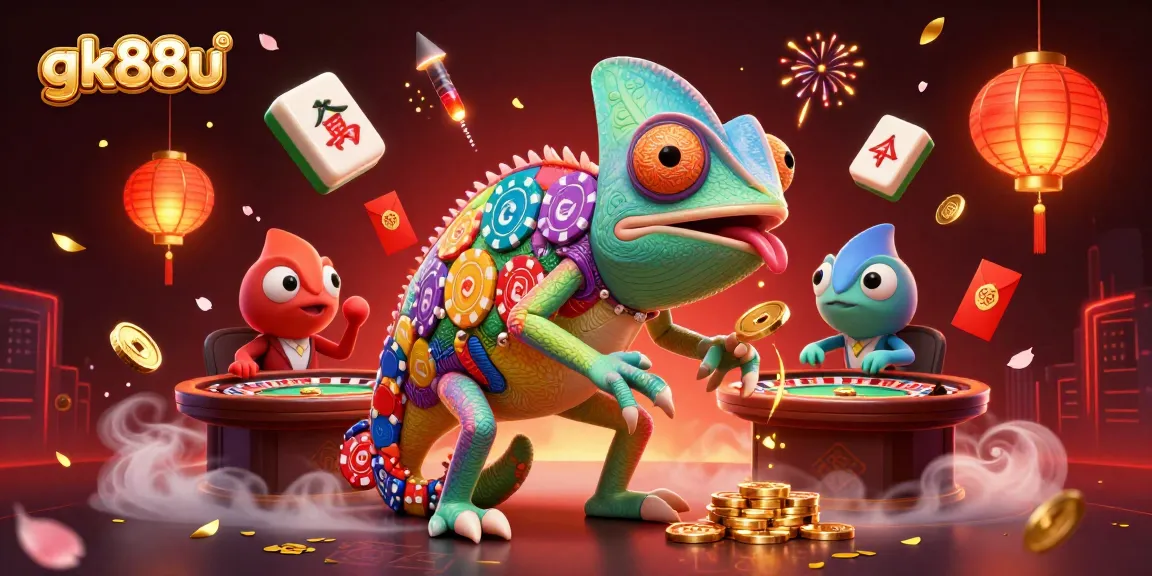 Experience the thrill of gk88u as a chameleon casino owner snags golden coins in a vibrant gaming scene.