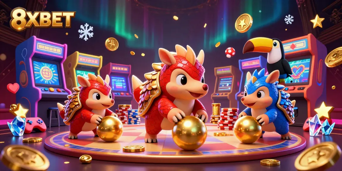 Experience gambling excitement with 8XBET through colorful pangolins in a casino-themed 3D scene